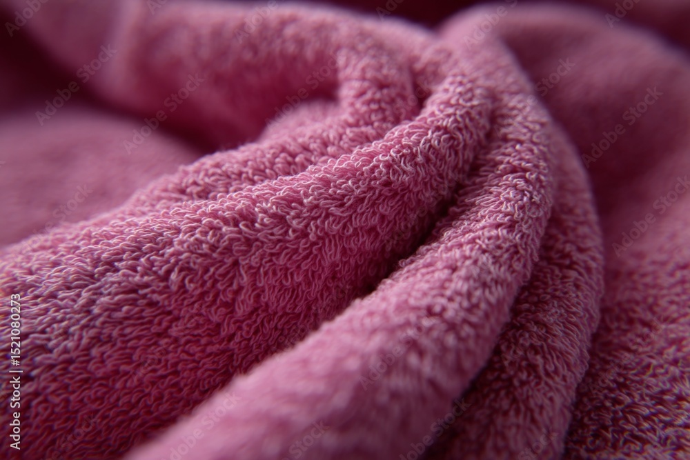 Poster textured close-up of a soft pink towel showcasing intricate fibers and folds in natural lighting