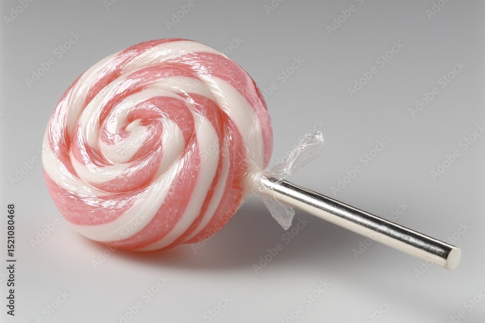Poster colorful swirl lollipop placed on a clean surface showcasing its vibrant design and texture