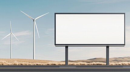 Obraz premium A minimalist billboard frame mockup on an open roadside showing a clean energy ad with wind turbine silhouettes, header zone for company name, and blank field for website URL