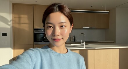 Radiant Woman in Kitchen, Soft Lighting, Smiling, Modern Interior, Natural Beauty, Close-Up