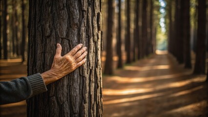 An elderly hand rests gently on a tree trunk in a sunlit forest, illustrating a connection with nature amidst tall trees and soft shadows.