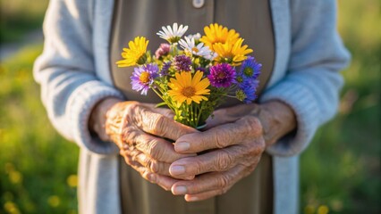 A person holds a colorful bouquet of wildflowers in their hands, showcasing textures and details of aged skin against a natural background.