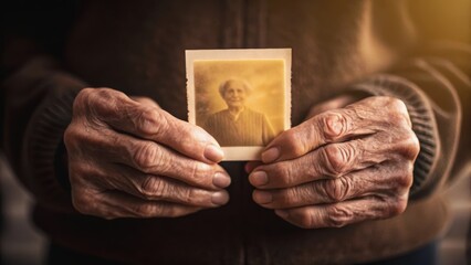 An elderly person's hands hold a vintage photograph, conveying a sense of nostalgia and memory through weathered skin and a treasured moment.