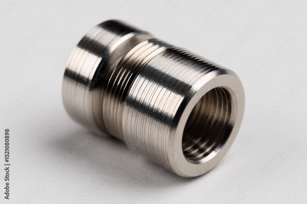 Poster metal fitting designed for plumbing applications, showcasing precise threading and sleek finish in c