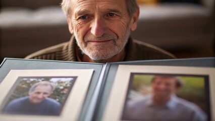 An elderly man smiles while holding a photo album featuring images of friends or family, reflecting nostalgia and cherished memories.