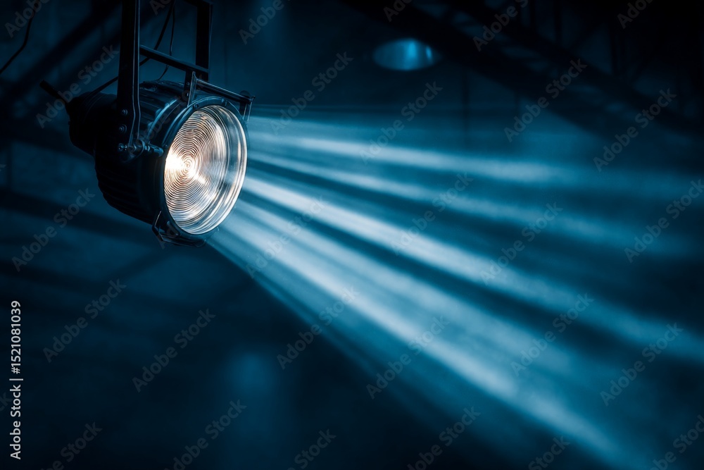 Poster Bright spotlight illuminating stage with beams of light creating an atmospheric effect in a performance venue