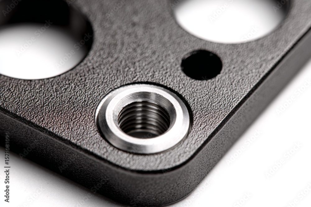 Aufkleber Close-up view of a metal threaded insert on a black machined part used in mechanical applications