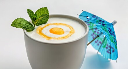 Creamy Coconut Milk Drink in Matte Ceramic Glass Blue Umbrella