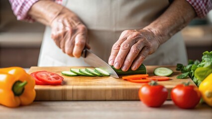 A person with wrinkled hands slices fresh vegetables on a wooden cutting board, showcasing a vibrant array of colors and a homey kitchen atmosphere.