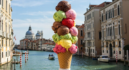 Towering gelato cone with colorful scoops against Venice canal backdrop. Stacked flavors of chocolate, pistachio, strawberry and mango with Grand Canal view. Italian summer treat. Authentic gelato
