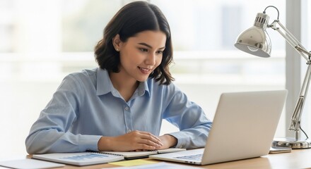 Smiling Woman Working on Laptop at Desk with Lamp and Notebooks