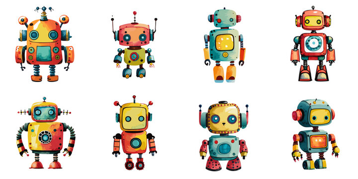 Multiple vector illustrations retro robot, watercolor style


