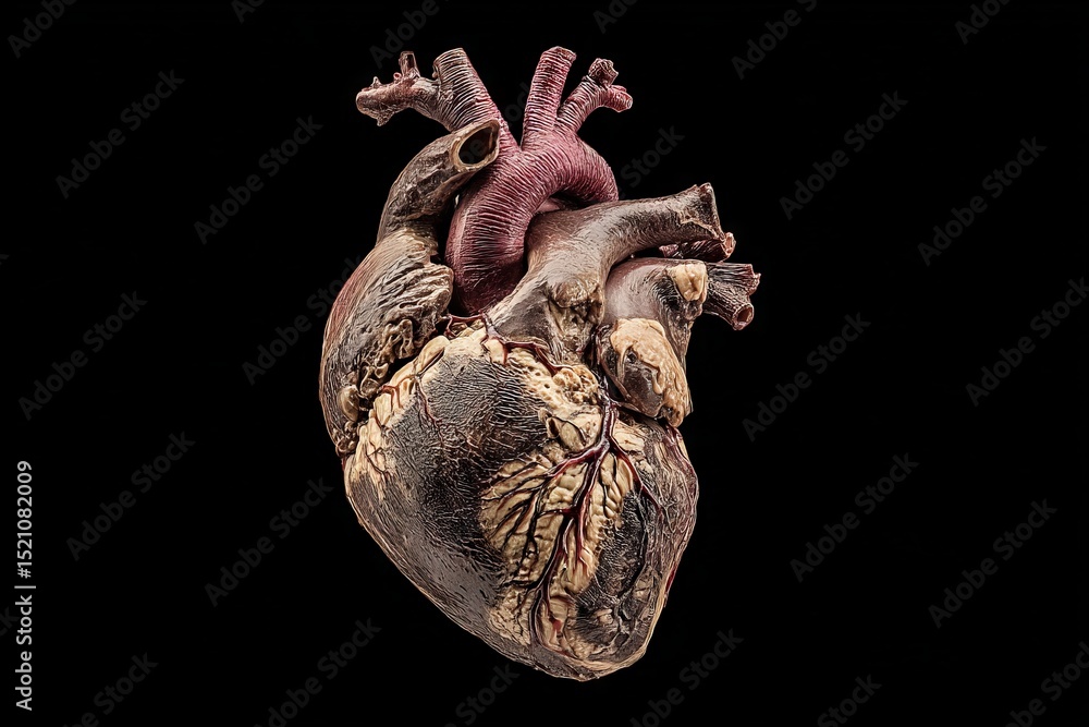 Poster Human heart model displayed on a black background highlighting anatomical details and complexity at a science exhibit