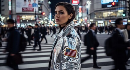 Stylish Woman in Silver Jacket with American Flag in Busy City at Night