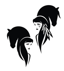 beautiful native american woman with painted face and feathers in long hear and wild mustang horse profile head - tribal spiritual culture black and white vector design