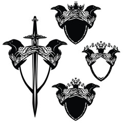 two raven birds head and wing with heraldic shield, king crown, knight sword and rose flowers - medieval style fantasy coat of arms vector design set