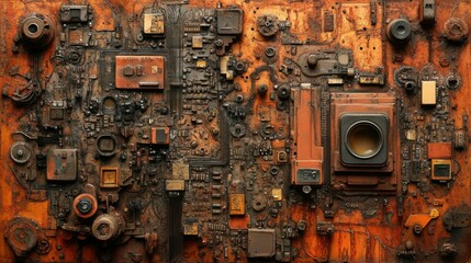 Abstract composition of rusted electronic components and circuit boards creating a textured artwork
