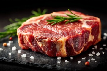 Obraz premium Freshly cut ribeye steak garnished with rosemary on a slate board ready for grilling or roasting