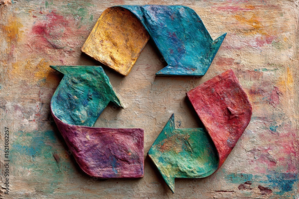 Poster artistic representation of recycling symbol made from textured materials in vibrant colors on a wood
