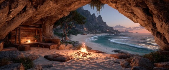 A bonfire burns in the center of an ancient cave on the beach, overlooking the sea at dusk