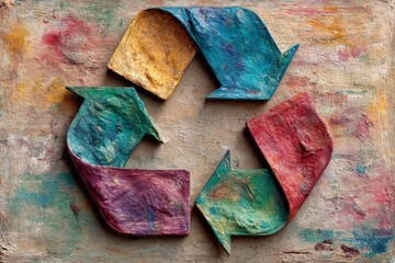 Artistic representation of recycling symbol made from textured materials in vibrant colors on a wooden background