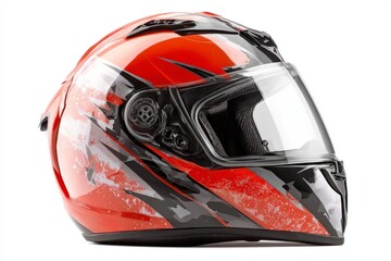 Fototapeta premium Red and black motorcycle helmet on white background showcasing bold design and protective features for riders