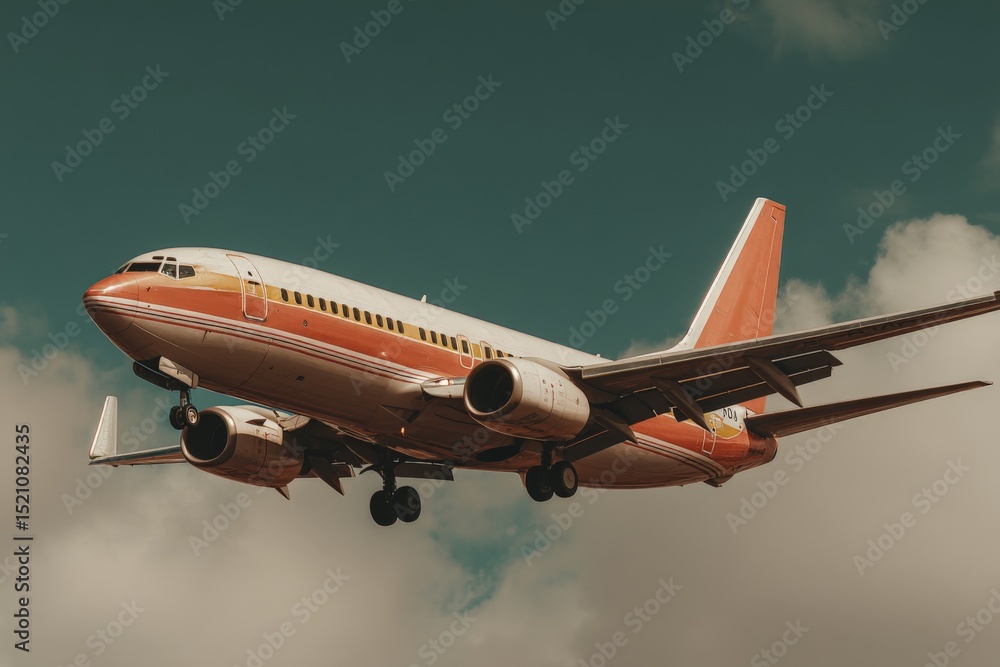 Poster airplane descends towards runway on a cloudy day with vibrant colors and a picturesque sky in the ba
