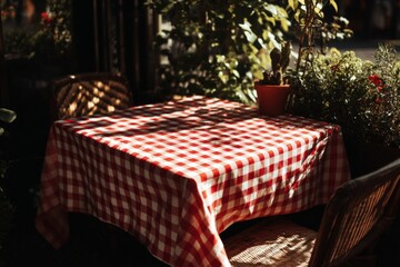 Rustic outdoor table with checkered tablecloth surrounded by plants in afternoon sunlight