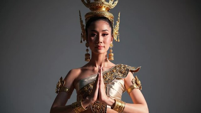Woman wearing ornate Thai cultural costume performing traditional Wai greeting with graceful elegance against neutral studio background