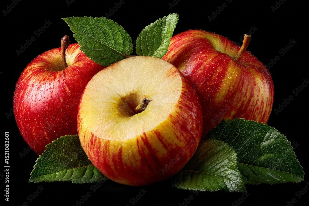 Poster Fresh red apples with green leaves arranged on a black background create an appealing display of freshness and natural beauty