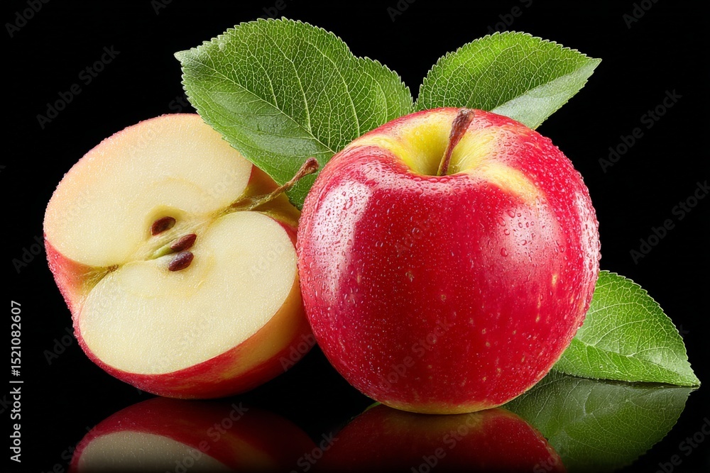 Poster fresh red apple with droplets of water and green leaves placed on a dark background showcasing its v