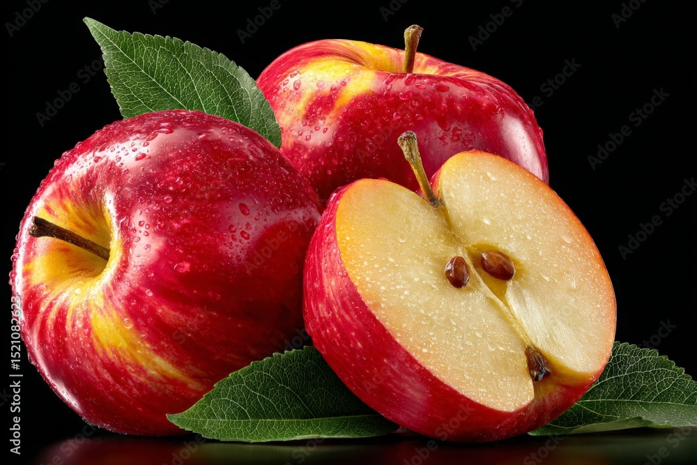 Poster freshly picked red apples with glistening droplets displayed against a dark background