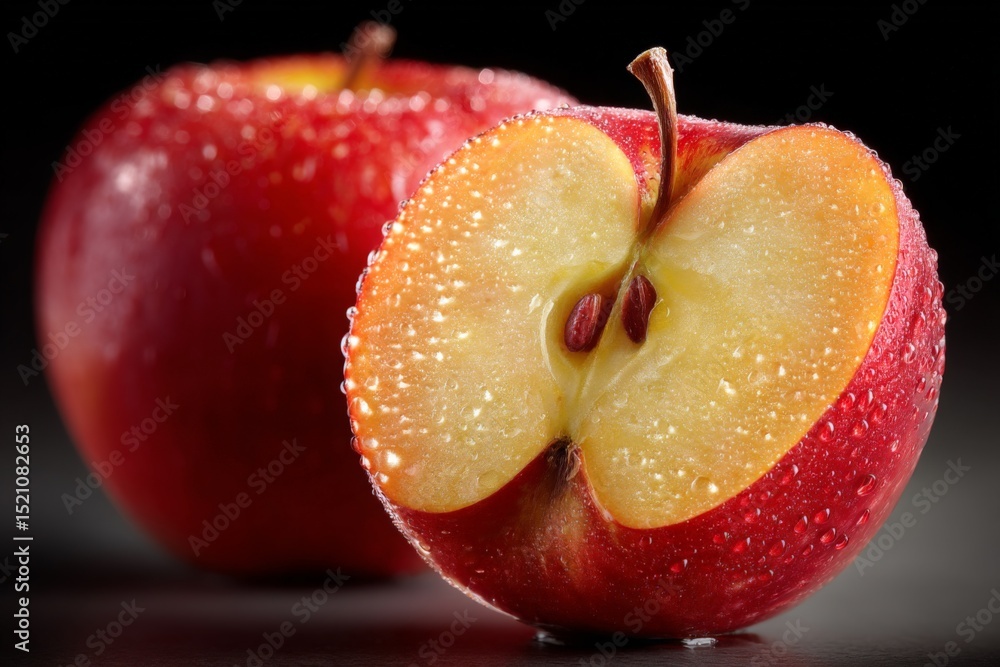 Poster freshly sliced apple with droplets of water showcases vibrant color and texture against a dark backg