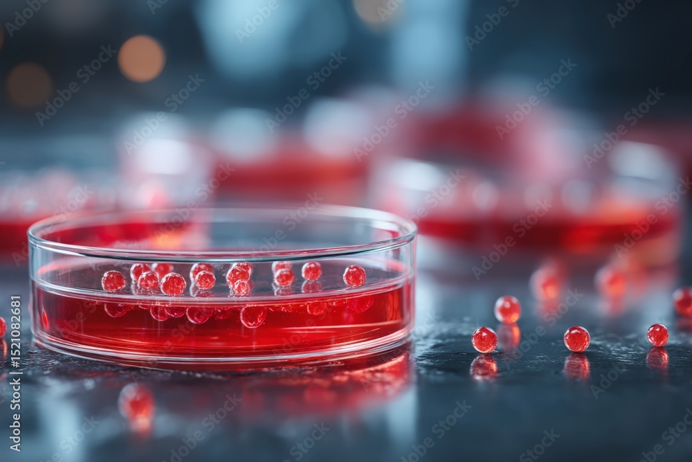 Aufkleber petri dishes filled with red liquid showcase tiny spheres in a laboratory setting during evening hou