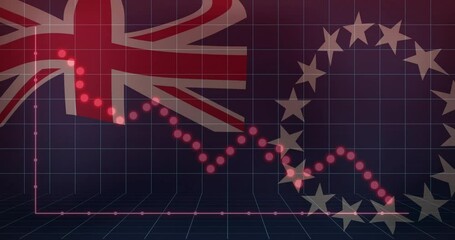 Pink dots emerging under Union Jack, zigzagging into EU stars, settling on baseline showing decline - Powered by Adobe