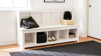 Minimalist bench with storage, featuring a combination of open cubbies and hidden compartments, styled in a bright, modern room