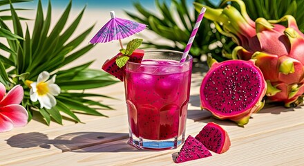 Dragon Fruit Punch Clear Glass Purple Umbrella Tropical Beverage