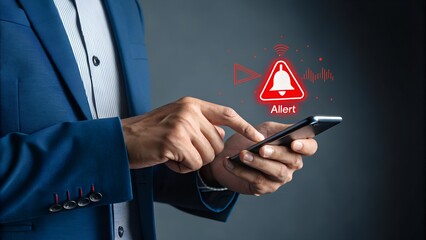 Corporate man handling emergency alert notification on mobile phone, concept of warning message, cyber threat monitoring, digital security breach, urgent system error, and risk management