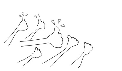 Doodles hands up set. thumbs up hand drawn. isolated on white background. vector illustration