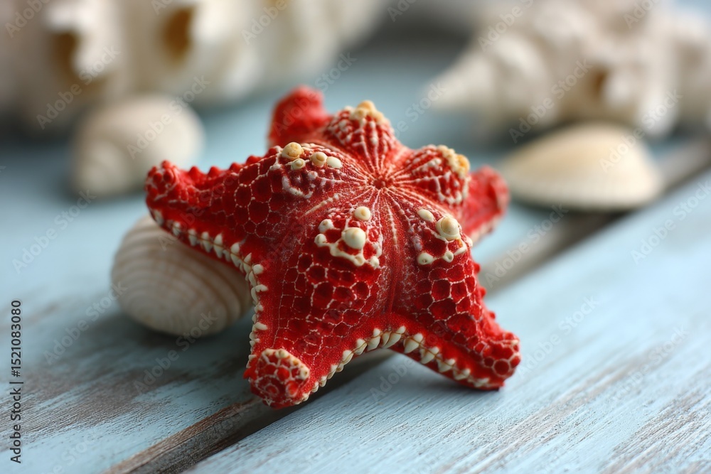 Poster bright red starfish resting on a wooden surface with seashells in the background on a sunny day