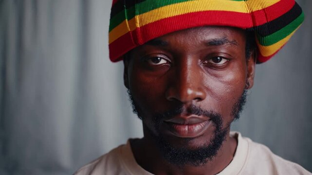 Young black male wearing traditional Rasta hat, standing confidently against white background, expressing cultural identity with serene, contemplative gaze