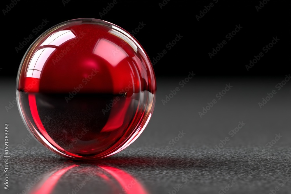 Poster reflective red glass sphere resting on a smooth black surface with subtle light reflections