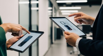 Two People Interacting with Tablets Displaying Product Design Concepts in Modern Office