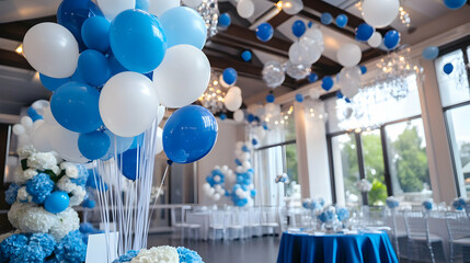 Blue and white balloons ascend into the sky, symbolizing advancements in medical research and healthcare technology