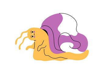 Sad snail is exhausted. Cute depressed slug with worn coiled shell. Tired snailfish is overworked. Unhappy gastropod character feels sick, weak. Flat isolated vector illustration on white background