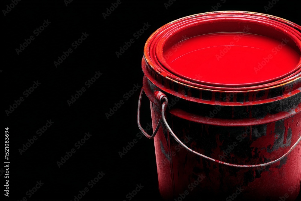 Poster bright red paint in a metal bucket with a worn exterior highlighting creative potential in a minimal