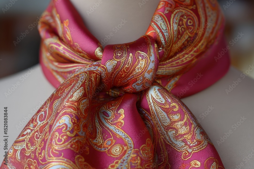 Poster elegant silk scarf with intricate patterns displayed on a mannequin in a boutique during daylight ho