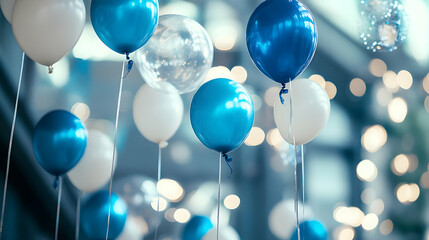 Bright blue and white balloons float playfully against a vibrant blue background, perfect for a happy birthday party celebration