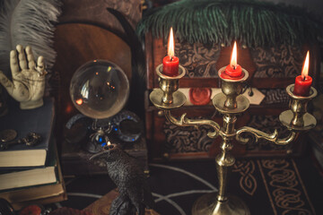 Mystical Candle Holder on Wooden Table in Enchanted Atmosphere