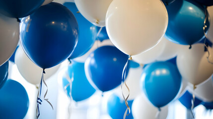 A vibrant bunch of blue, white, yellow, and pink balloons creates a festive birthday party decoration